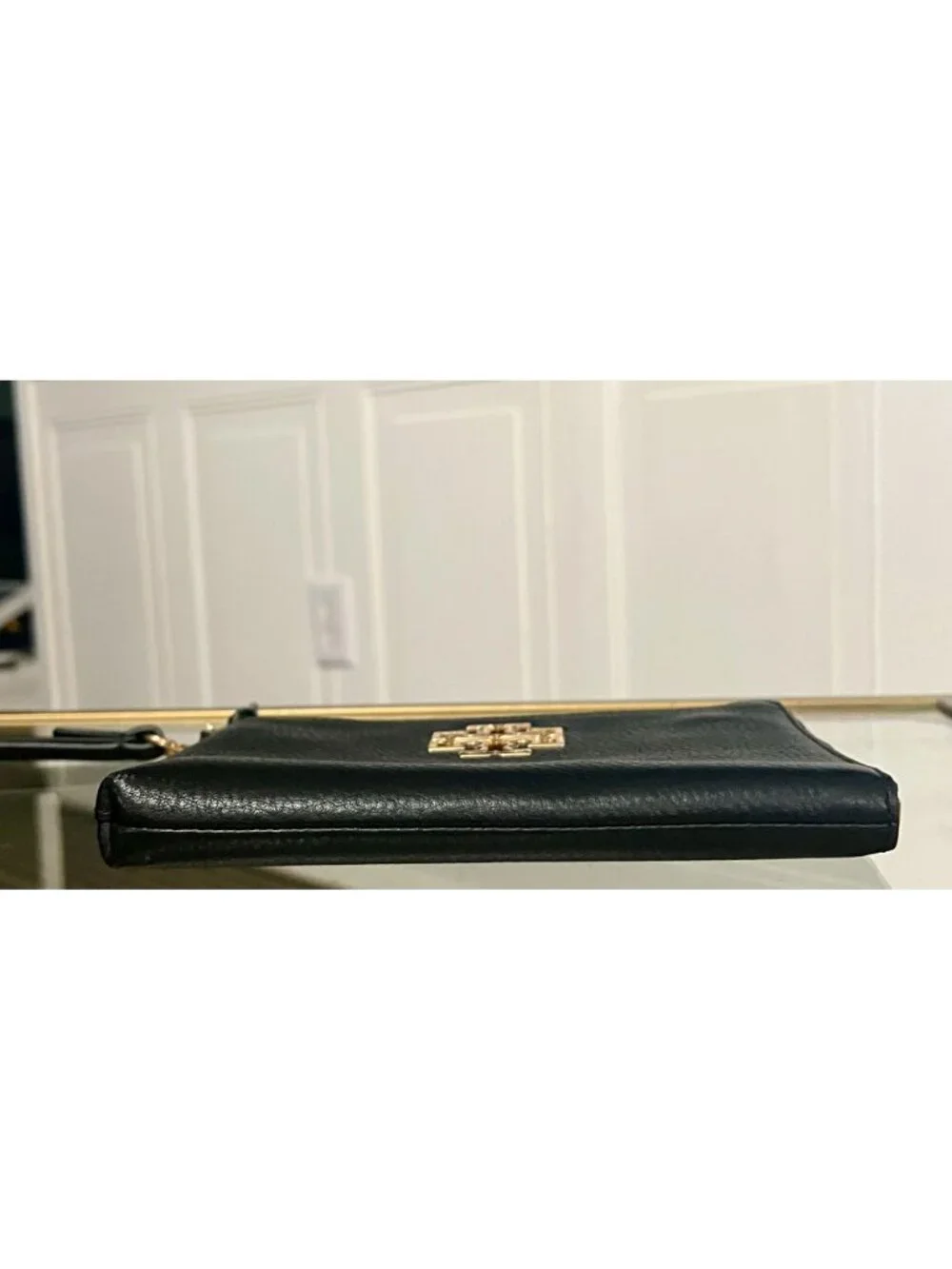 Tory Burch Britten Large Pebbled Leather Zip Pouch Wristlet - Black & Gold
